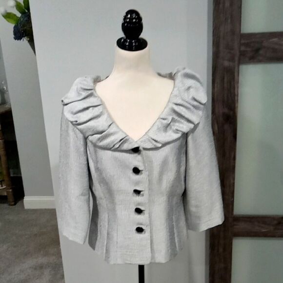 Adrianna Papell Evening Essential Shimmer Silver Jacket w ruffle collar size 12P - Picture 1 of 3